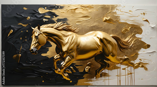 Striking image of a golden horse galloping across a canvas with abstract gold leaf textures