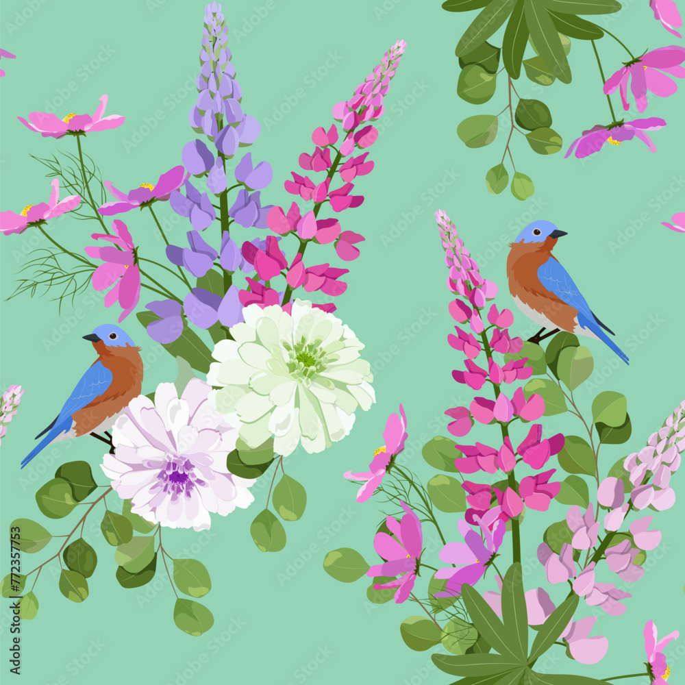 Seamless background with lupine, chrysanthemum and birds - obrazy, fototapety, plakaty 