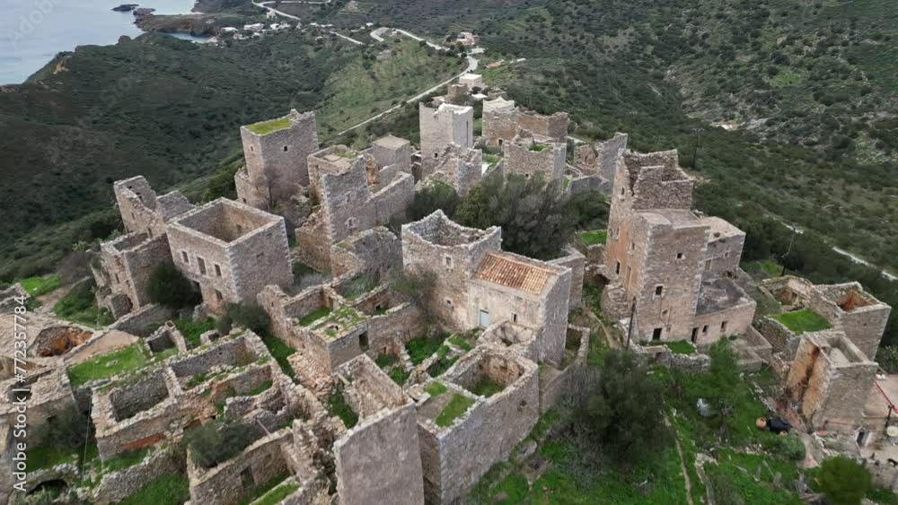 Greece Peloponneso , drone aerial view of Vatheia is a village on the Mani Peninsula, in south-eastern Laconia - abandoned and uninhabited stone village - rural country of Greece Greece Peloponneso , drone aerial view of Vatheia is a village on the Mani Peninsula, in south-eastern Laconia - abandoned and uninhabited stone village - rural country of Greece
