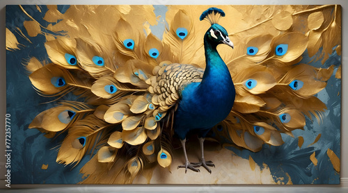 A peacock stands confidently, its feathers blending with the golden textured background, adding to its regality