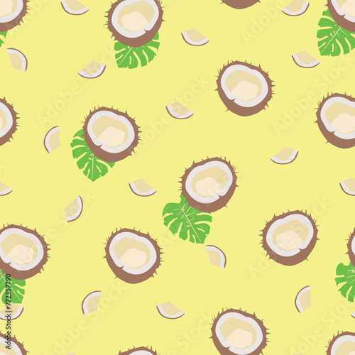Seamless pattern of coconuts and palm leaf on a yellow background