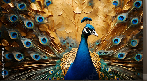 A peacock displays its stunning tail feathers, demonstrating beauty and natural splendor in a vivid composition
