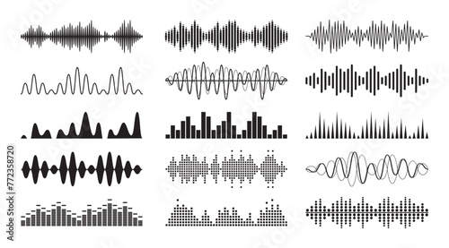 Sound Waves Monochrome Symbols Set. Music Waveform, Audio Frequency, Volume And Pulse. Black and White Colored Waves