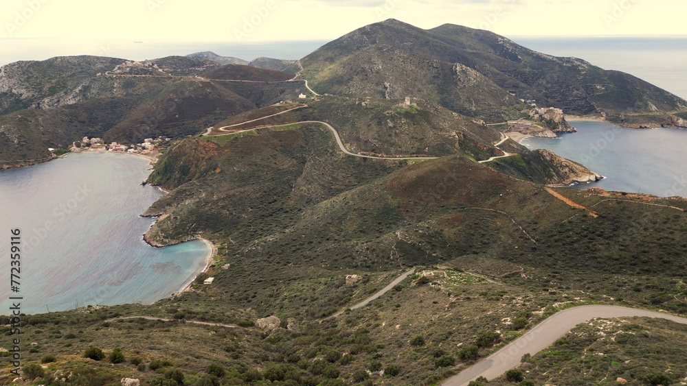 Cape Tenaro Tainaron, also known as Cape Matapan, is the southernmost part of the Mani Peninsula - drone aerial view of Peloponese landscape with sea Beach and Mountain