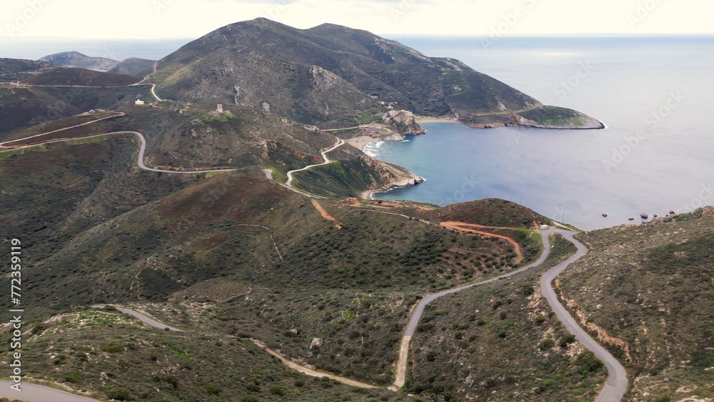 Cape Tenaro Tainaron, also known as Cape Matapan, is the southernmost part of the Mani Peninsula - drone aerial view of Peloponese landscape with sea Beach and Mountain
