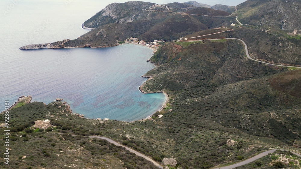 Cape Tenaro Tainaron, also known as Cape Matapan, is the southernmost part of the Mani Peninsula - drone aerial view of Peloponese landscape with sea Beach and Mountain