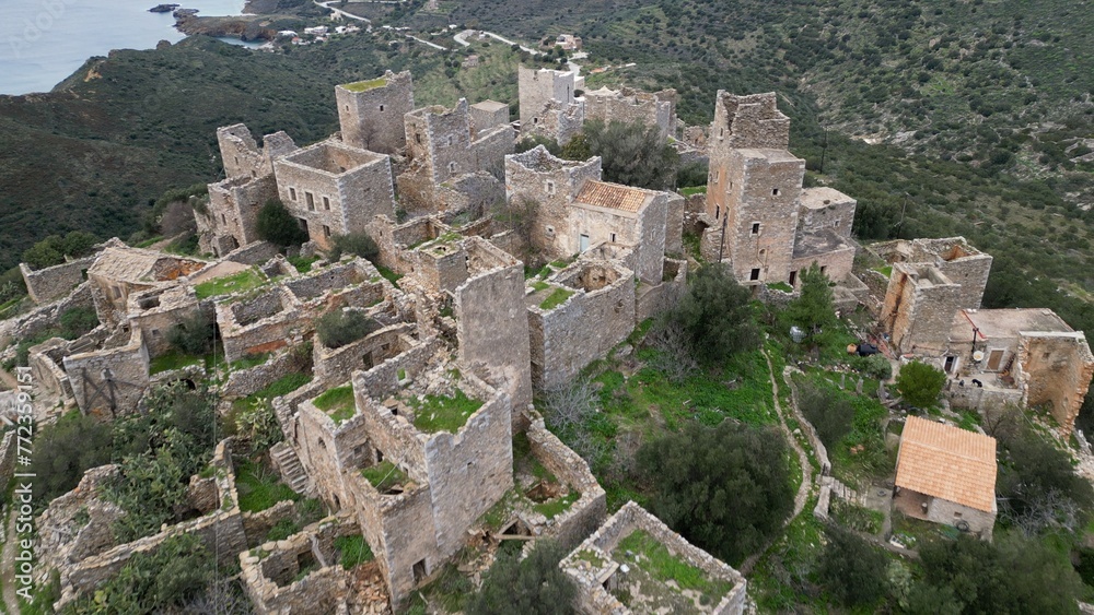 Greece Peloponneso , drone aerial view of Vatheia is a village on the Mani Peninsula, in south-eastern Laconia - abandoned and uninhabited stone village - rural country of Greece