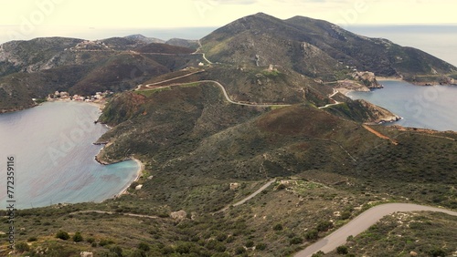 Obraz na płótnie Cape Tenaro Tainaron, also known as Cape Matapan, is the southernmost part of the Mani Peninsula - drone aerial view of Peloponese landscape with sea Beach and Mountain w salonie