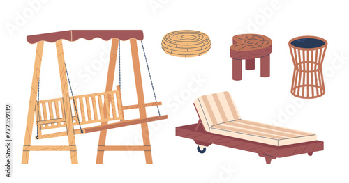 Garden Furniture Set. Wooden Swing Bench Seat, Lounging Daybed, Rattan and Wooden Chairs, Offers Relaxation