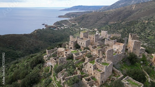 Obraz na płótnie Greece Peloponneso , drone aerial view of Vatheia is a village on the Mani Peninsula, in south-eastern Laconia - abandoned and uninhabited stone village - rural country of Greece w salonie