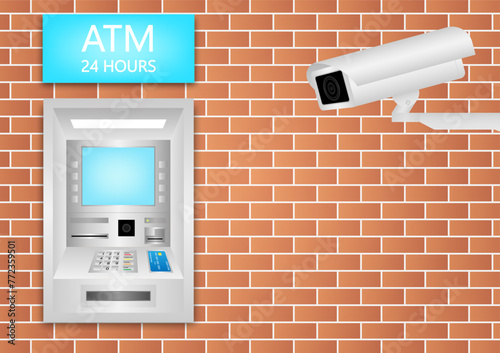 CCTV Security Camera or Surveillance Camera and ATM machine. Safety and Security Banking Concept. Vector Illustration. 