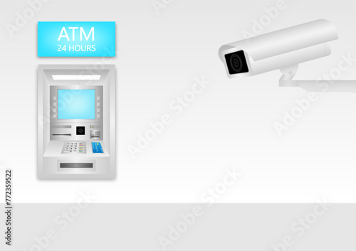 CCTV Security Camera or Surveillance Camera and ATM machine. Safety and Security Banking Concept. Vector Illustration. 