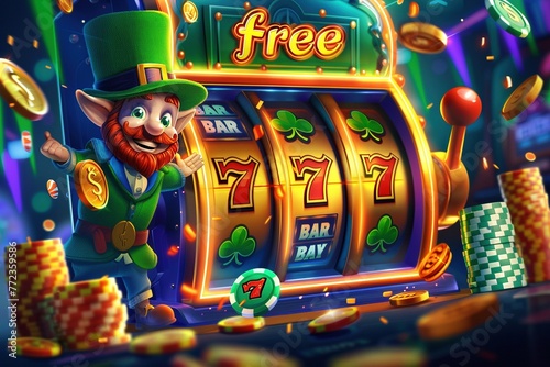 Strike it lucky with the Lucky Leprechaun! In this eye-catching 3D game poster, a mischievous leprechaun winks beside a 