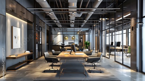 Stunning 3D depiction of a modern office interior, emphasizing contemporary design aesthetics AI Image
