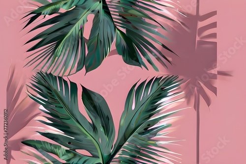 Roll of pink wallpaper with palm tropical leaves. Generative AI