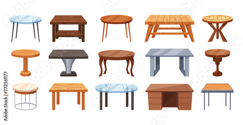 Tables Furniture Types Isolated Vector Set. Dining, Coffee, Bedside And Console Tables with Round and Square Shape