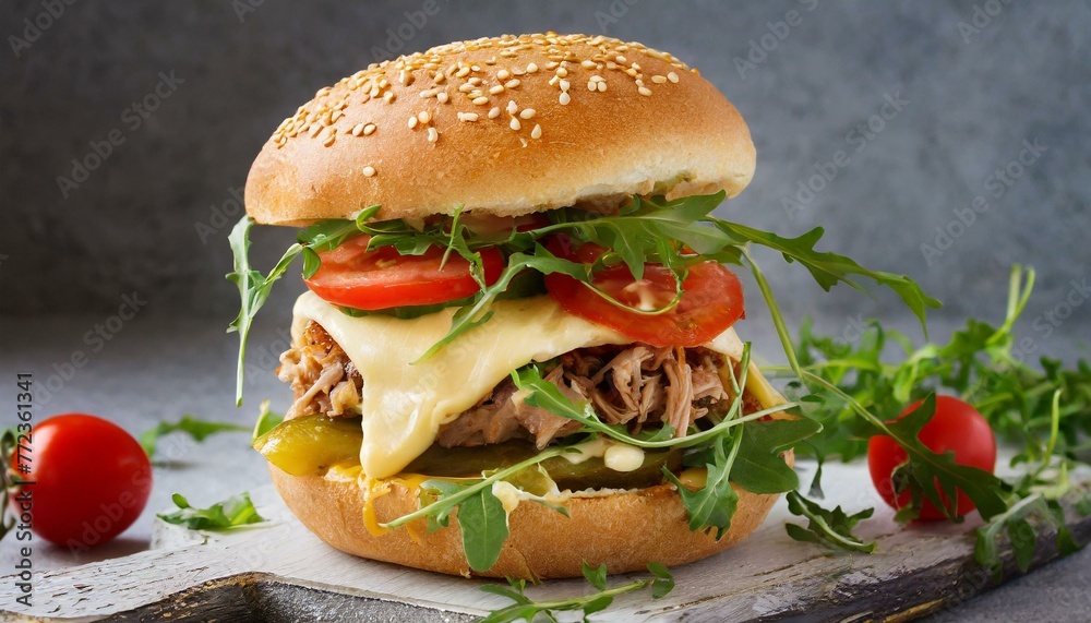 hamburger with pulled pork, cheese, pickled cucumbers, tomatoes and arugula hamburger with pulled pork, cheese, pickled cucumbers, tomatoes and arugula
