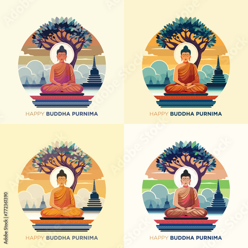 Budhha Purnima. Beautiful Budhha and bodhi tree illustration with temple, sky and river background. Four color included.  photo