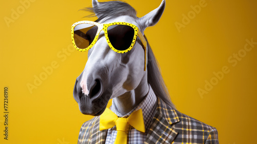 Horse dressed in businessmans suit and sunglasses. Humorous image photo