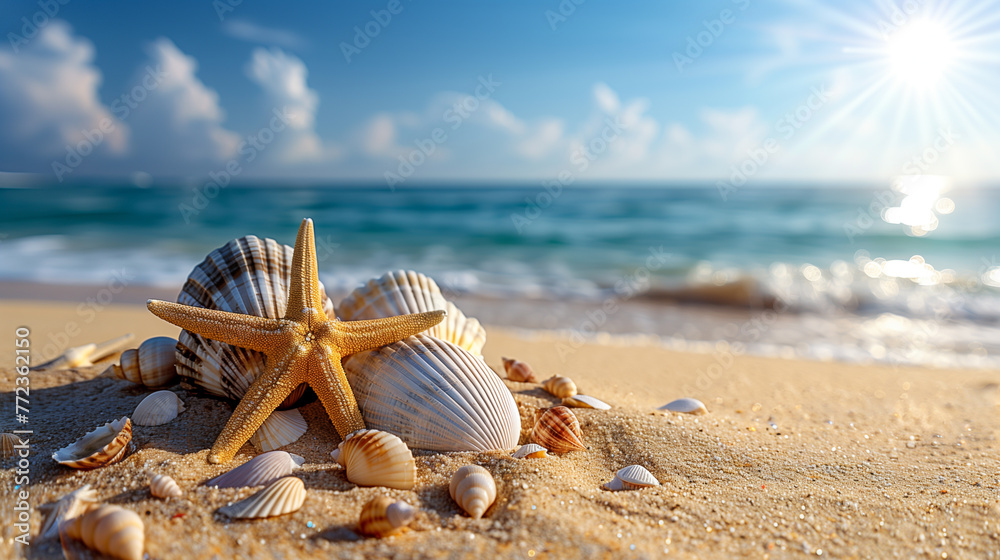 Seashells and starfish lie on the sandy beach beneath clear blue sky, with sunlight sparkling on water. Cool summer background.