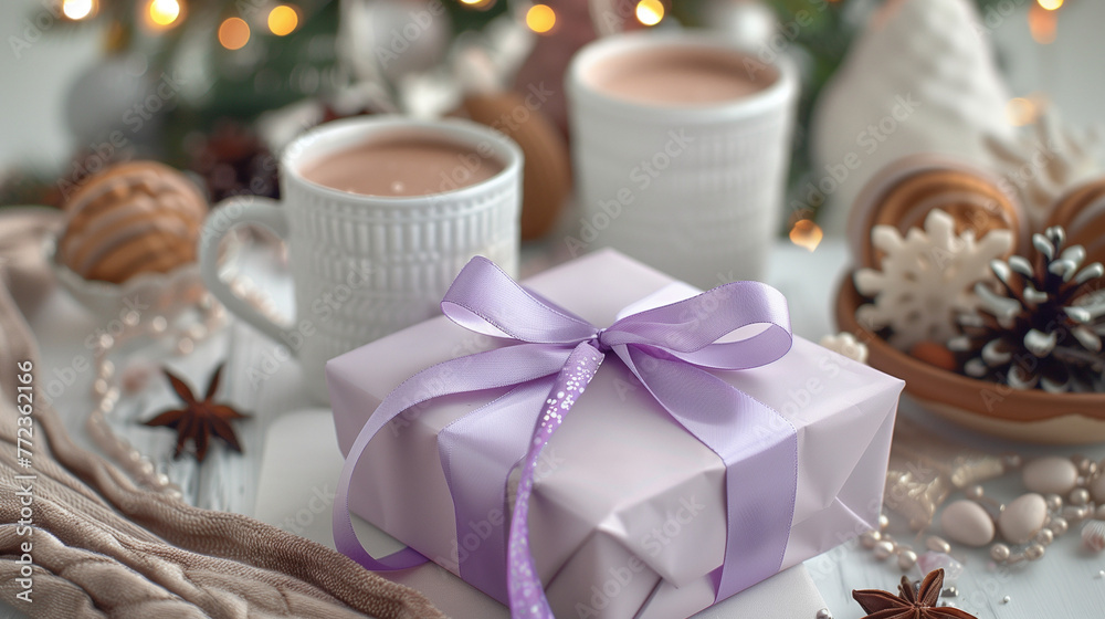 Christmas gift boxes with purple bow and ribbon on a white background with hot cocoa mugs at the back Christmas gift boxes with purple bow and ribbon on a white background with hot cocoa mugs at the back
