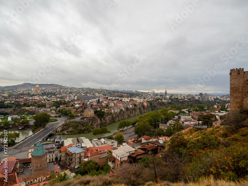 The beautiful view of tbilisi town and red fortress in city center, Georgia.