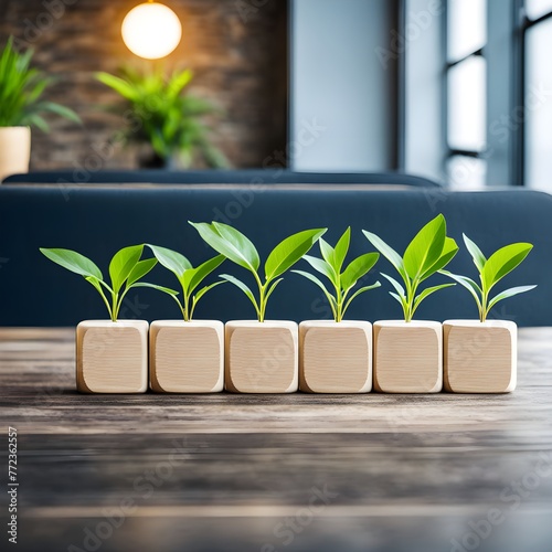 a business isputting-wooden blockswith a growing plant on a table 
