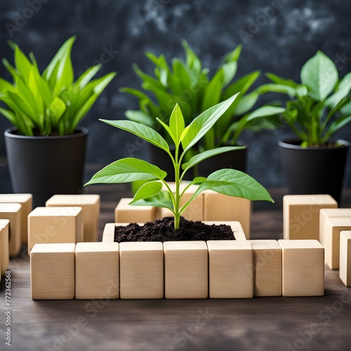a business isputting-wooden blockswith a growing plant on a table 