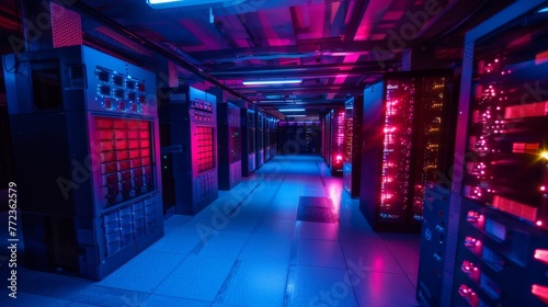 Illuminated Long Hallway With Red and Blue Lights