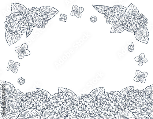 紫陽花と宝石の白塗り線画フレームイラストセット