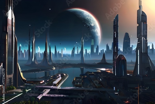 a cool videogame inspired scifi city in front of a big planet, wallpaper style, Generative AI photo