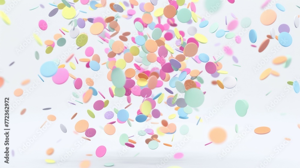 A shower of vibrant magenta and blue confetti petals fills the air, creating a whimsical pattern against the white background, reminiscent of a festive event or party supply