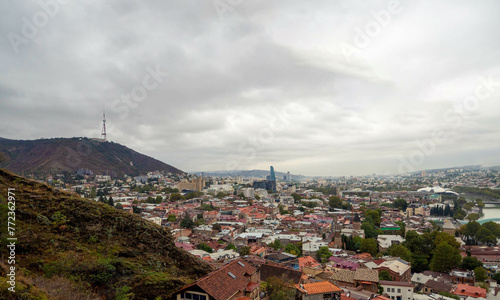 The good view of city center of Tbilisi city with rain cloud, Georgia.