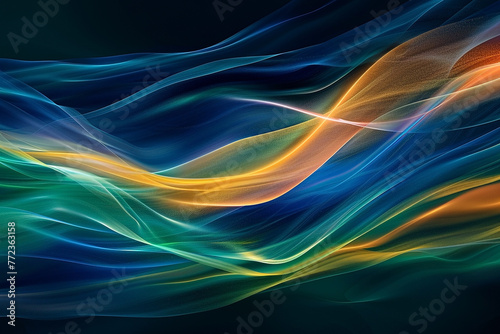 Abstract artwork featuring smooth waves of blue and yellow, creating a visual flow reminiscent of the ocean meeting the sun.