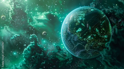 Green Planet Surrounded by Stars in Space photo