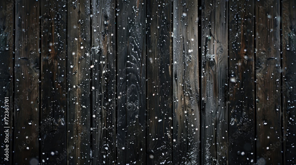 Weathered wood with snowflakes, a touch of winter on rustic textures, Concept of enduring nature through the seasons
