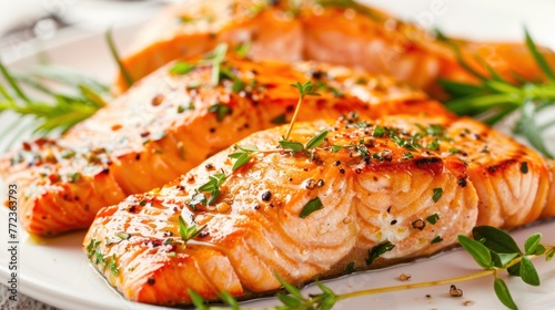 Grilled salmon with herbs on plate