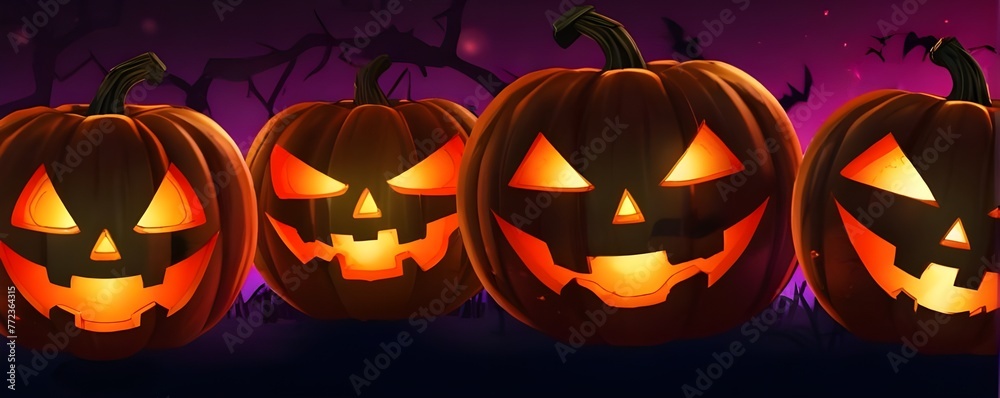 Illustration of glowing carved pumpkins with different evil faces in the dark at Halloween night. Generative AI Illustration of glowing carved pumpkins with different evil faces in the dark at Halloween night. Generative AI