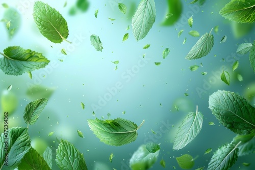 This is a light fresh effect on a blue background, giving menthol aroma to fresheners and cleansers. The air is flowing from mint leaves. A modern illustration. photo