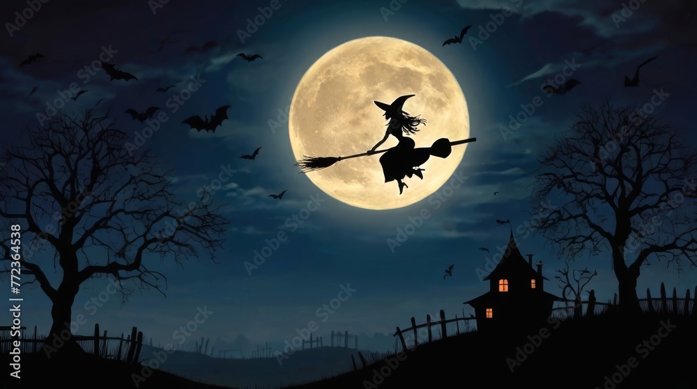 Witch silhouette on broom against full moon. Flying witch on broomstick in night sky with bats. Concept of Halloween night, spooky scenery, witchcraft symbol, and fantasy.