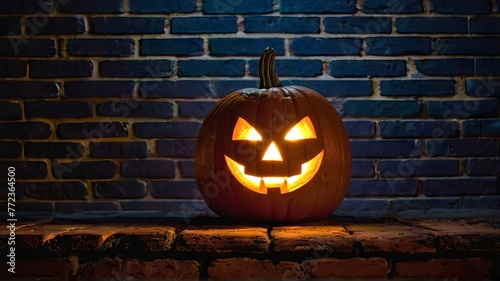 Creepy Halloween Jack-o-lantern with a sinister smile. Glowing Pumpkin in a spooky setting. Concept of Halloween tradition, scary decor, and festive spookiness.