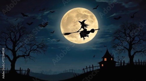 Witch silhouette on broom against full moon. Flying witch on broomstick in night sky with bats. Concept of Halloween night, spooky scenery, witchcraft symbol, and fantasy.