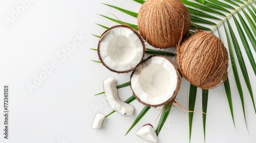 Fresh coconut whole on leaf white background