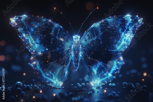In a futuristic polygonal style, the butterfly represents the metamorphosis of binary code into a live organism. Transforming binary code into a butterfly symbolizes the renewal and transformation of © Diana