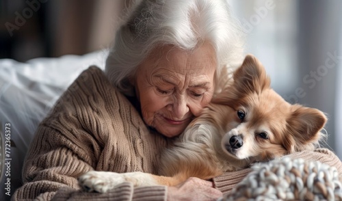 An elderly beautiful smiling woman with her dog on the background of a home interior. The concept of love between a person and a pet. Loneliness of the elderly.