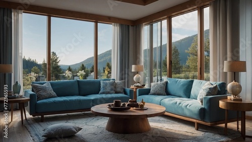 modern living room,A spacious room with large windows and a beautiful mountain view. A blue sofa and a wooden coffee table are placed in the room.