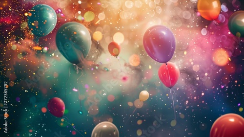 A world of colorful balloons and confetti creating a festive atmosphere on a midnight blue background. The artful display includes graphics and circles, evoking a sense of celebration and joy