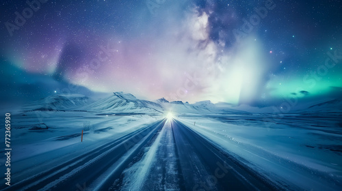 Aurora borealis, Northern lights over road in winter, Northern lights over the road in the mountains. Winter landscape with milky way 