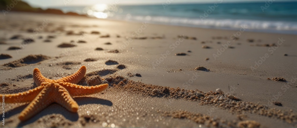 the beach, on the background of the ocean, in the foreground lies a shell and large pebbles, the bright sun is shining the beach, on the background of the ocean, in the foreground lies a shell and large pebbles, the bright sun is shining