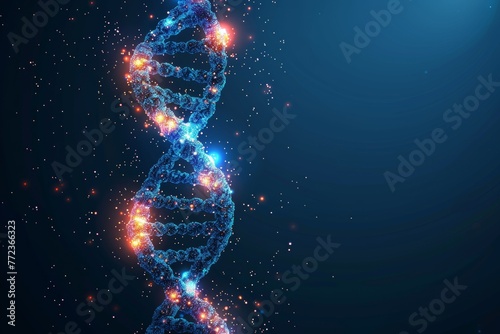 An abstract polygonal helix or DNA design isolated on a blue background. Banner concept for biotech, science, medicine. Innovative genetic engineering technology.